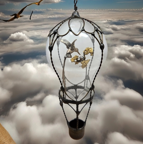 Vintage 2003 Sterling Silver Hummingbird Hot Air Balloon Art Glass Ornament - Picture 1 of 13